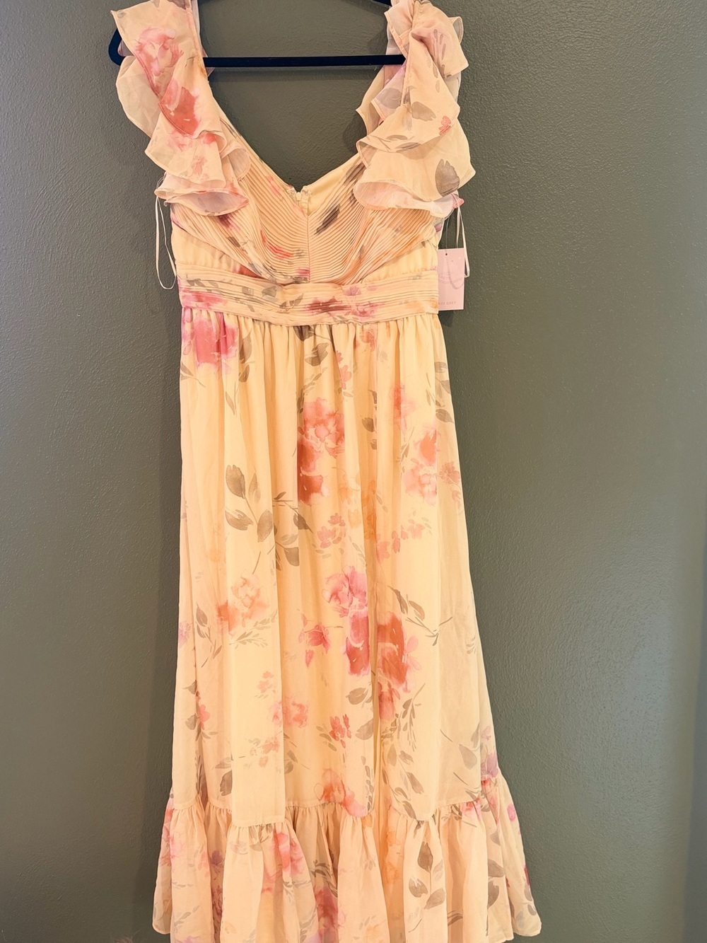 Birdy Grey Pale Yellow Floral Ruffle Maxi Dress